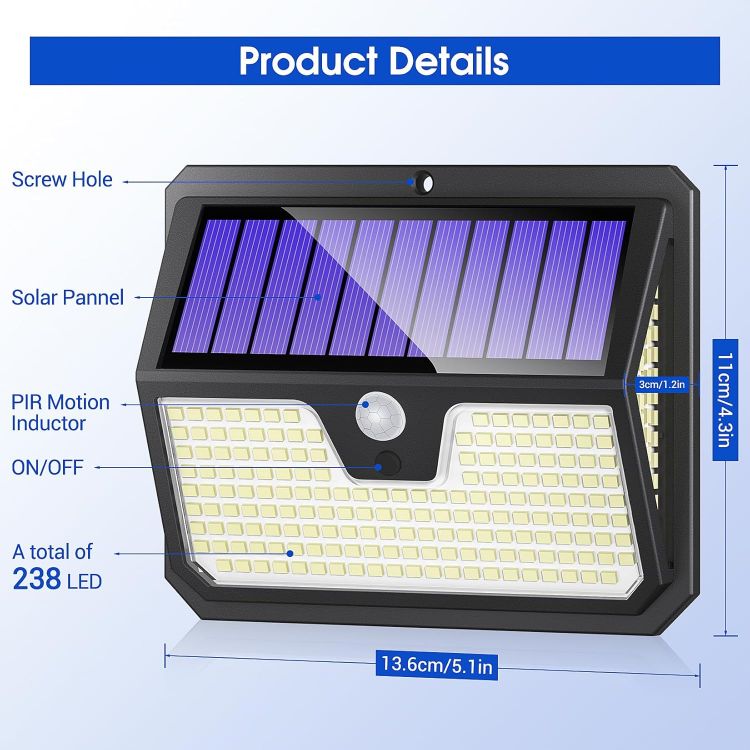 Picture of 238 LED Solar Wall Light – Motion Sensor, 270° Wide Angle, IP65 Waterproof, Outdoor Security Light