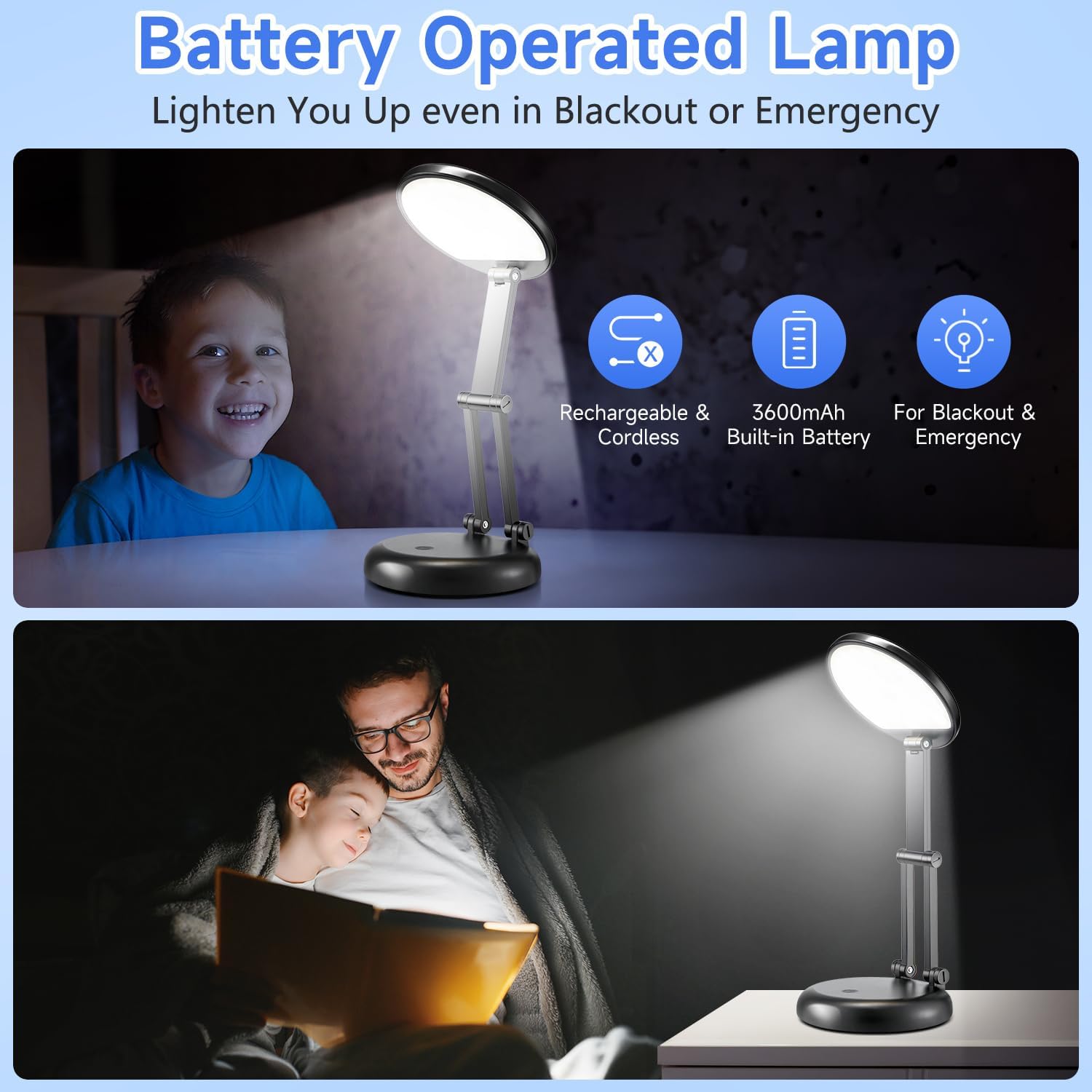 Rechargeable Desk Lamp – 3600mAh Cordless LED Table Lamp with USB ...