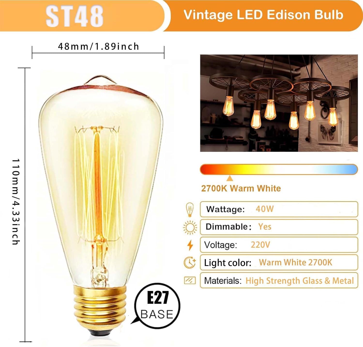 E27 Vintage Edison Light Bulb ST48, Dimmable 40W, Warm White 2700K – 3 Pack