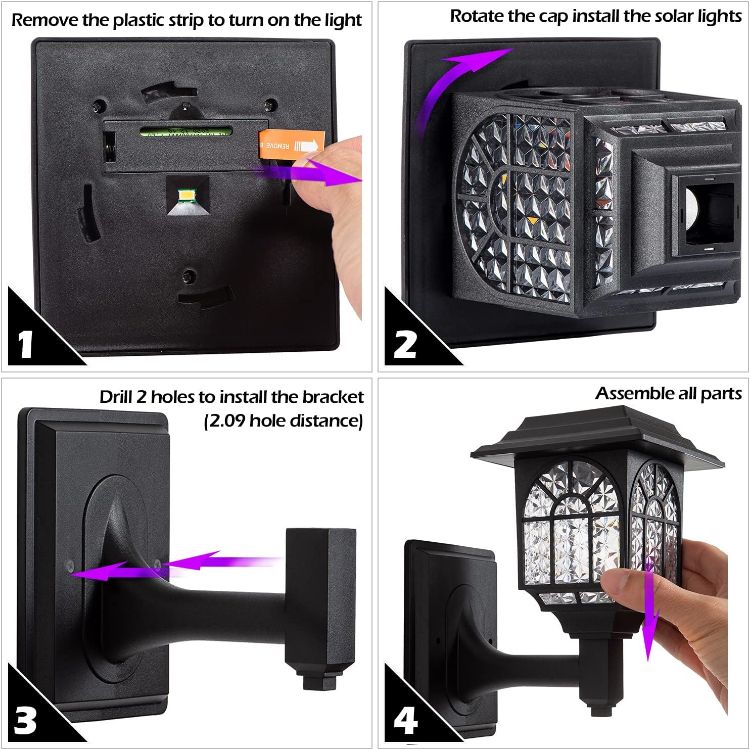 Picture of LED Fence Solar Wall Light - IP65 Waterproof, Rechargeable, Modern Style, Dusk-to-Dawn, 4 Pack