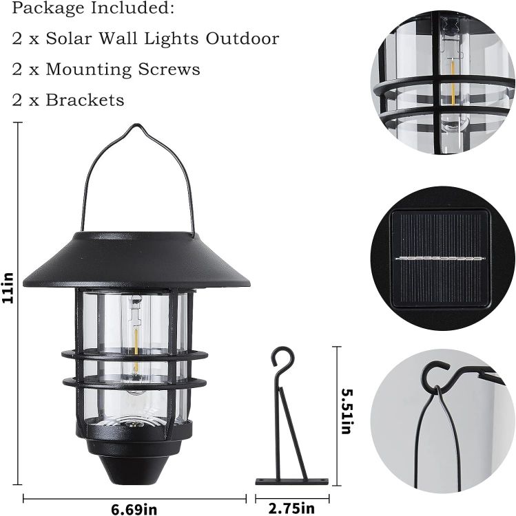Picture of LED Lantern Solar Wall Light - IP65 Waterproof, Hanging Outdoor Light, Antique Finish, 2 Pack