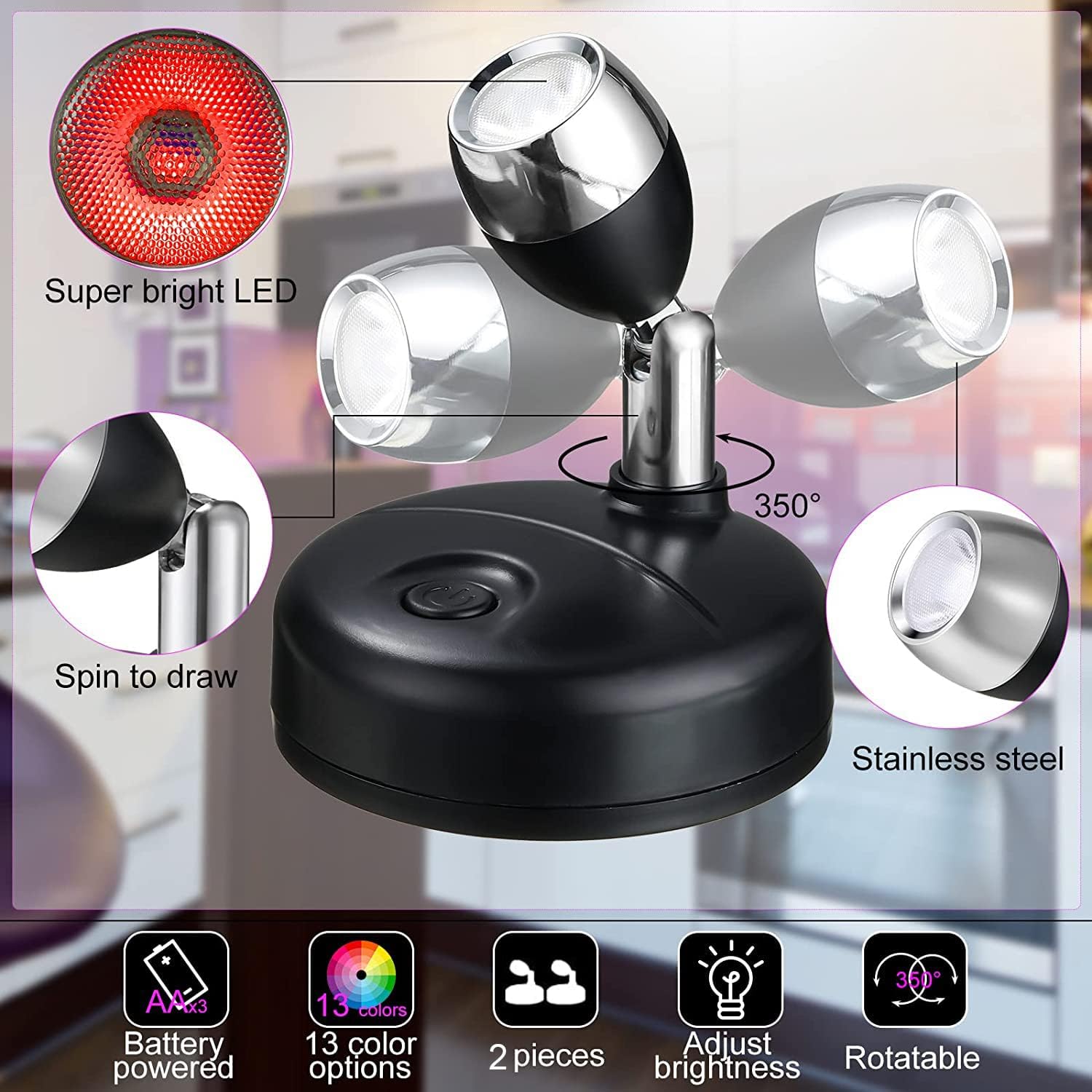 2 Pack Wireless LED Spotlights – Remote, RGB, Timer, Dimmable & Battery ...
