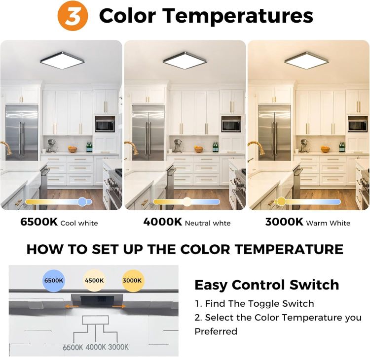 Contemporary square LED ceiling lamp with warm neutral and cool white options