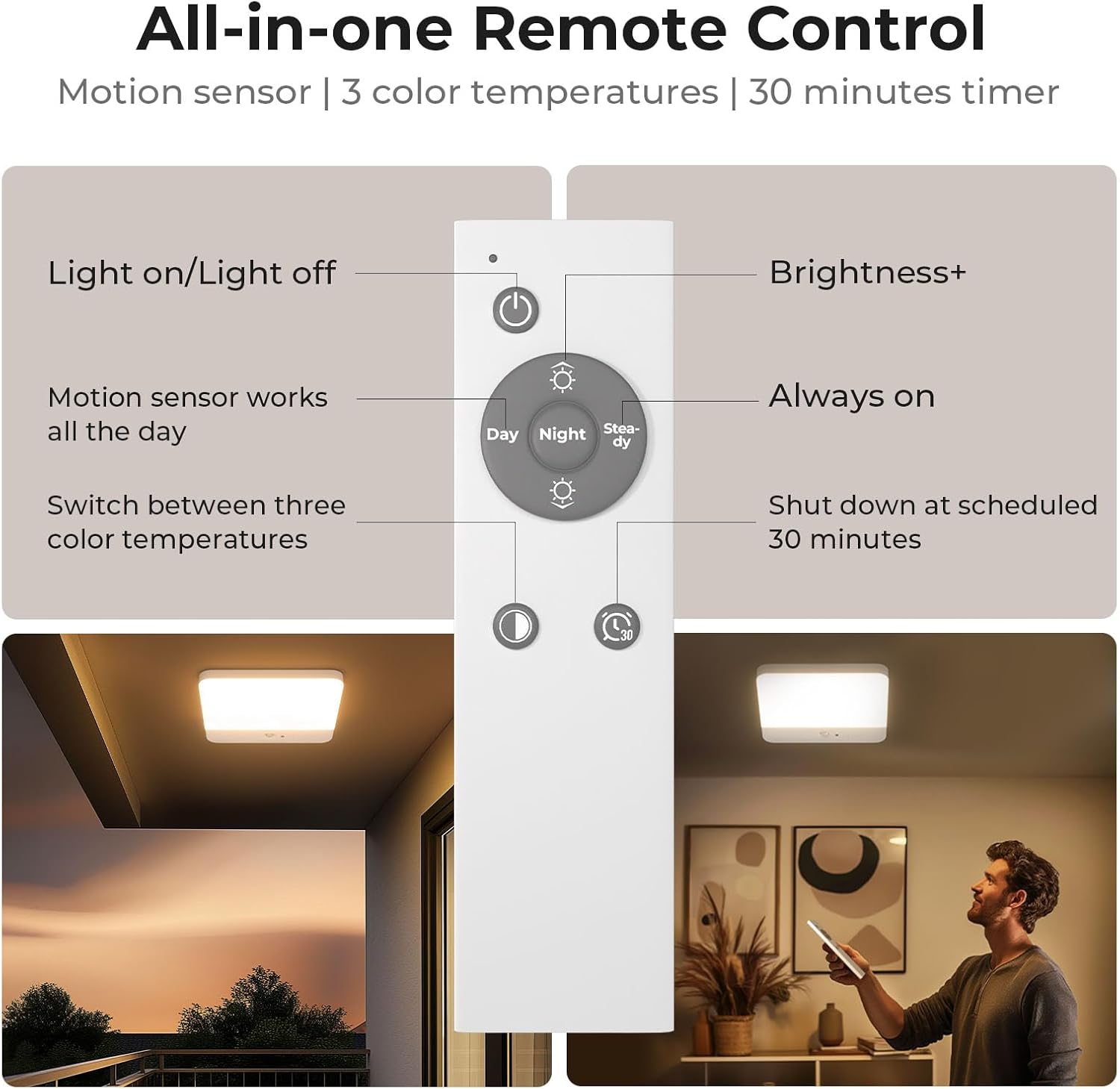 Modern LED Motion Sensor Ceiling Light – Cordless, Rechargeable, 3 ...