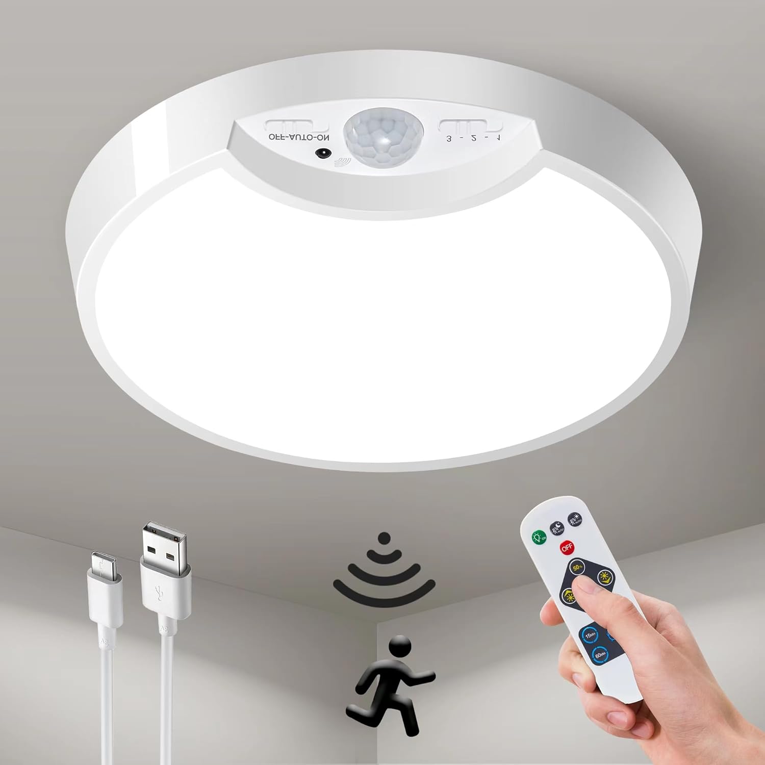 Rechargeable Motion Sensor Ceiling Light – 7.5 Inch, 400LM Wireless LED ...