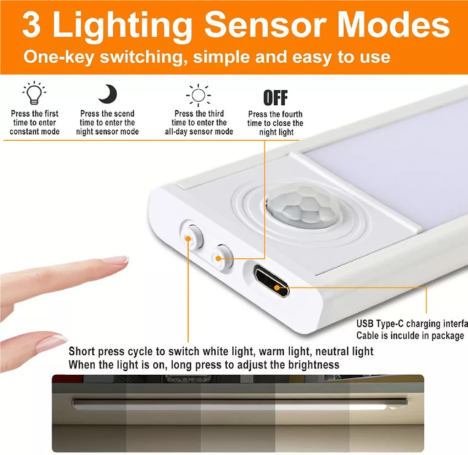 Wireless LED PIR Motion Sensor Light Strip - USB Rechargeable Cabinet ...