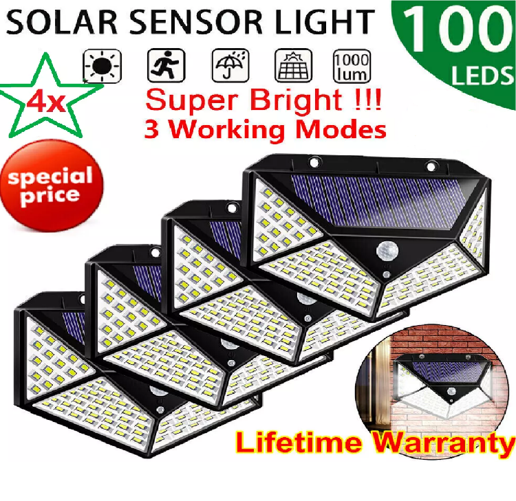 Picture of 100 LED Solar Wall Light - Motion Sensor, IP65 Waterproof, Outdoor Security Light, Weather Resistant, 4 Pack