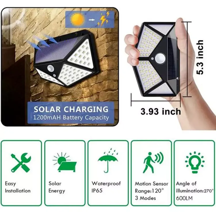 Picture of 100 LED Solar Wall Light - Motion Sensor, IP65 Waterproof, Outdoor Security Light, Weather Resistant, 4 Pack