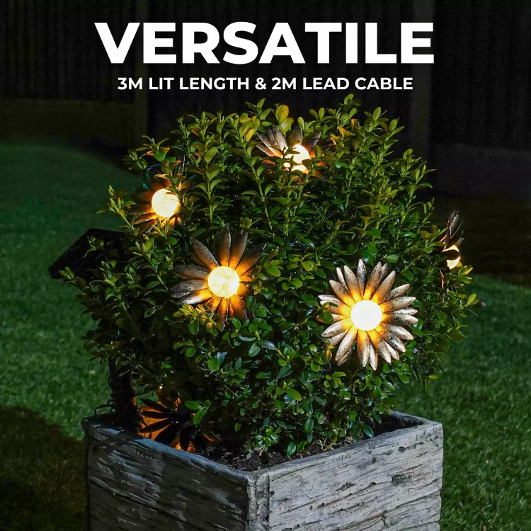 Picture of Solar Garden Flower String Lights 3m, 10 LED Warm White Metal Flower Lights for Outdoor Decor