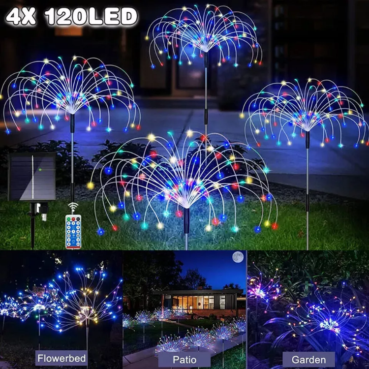 Picture of Solar 150 LED Firework Lights, Waterproof Multicolored Solar-Powered Outdoor Decoration for Garden, Party, and Holiday (Set of 2/4/8)