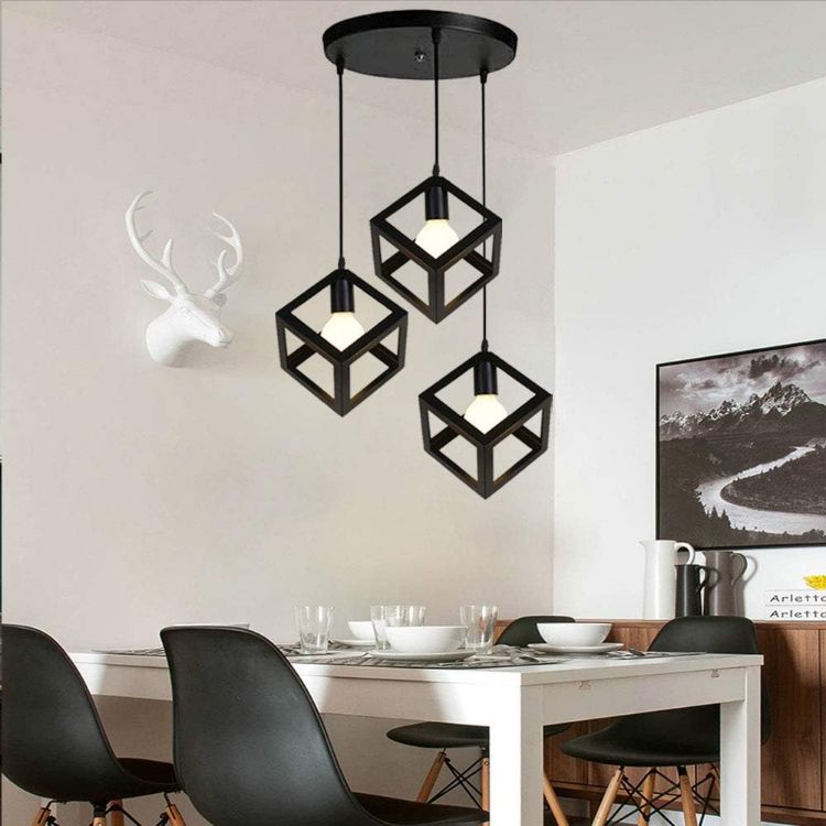 Picture of Industrial 3-Light Black Metal Cube Pendant Lamp Chandelier Living Room Dining Room Bedroom