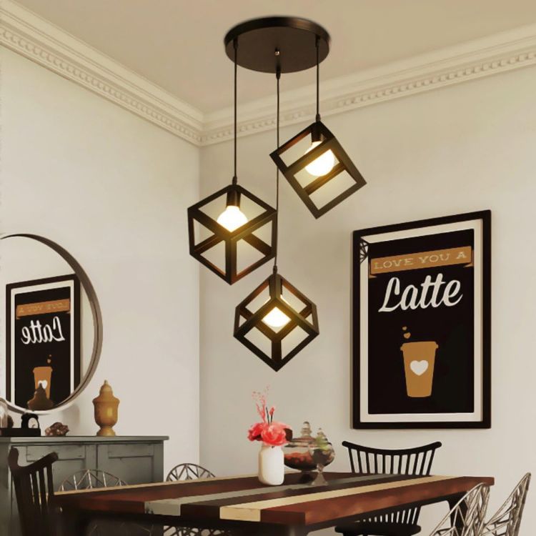 Picture of Industrial 3-Light Black Metal Cube Pendant Lamp Chandelier Living Room Dining Room Bedroom