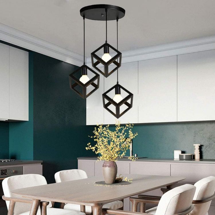 Picture of Industrial 3-Light Black Metal Cube Pendant Lamp Chandelier Living Room Dining Room Bedroom