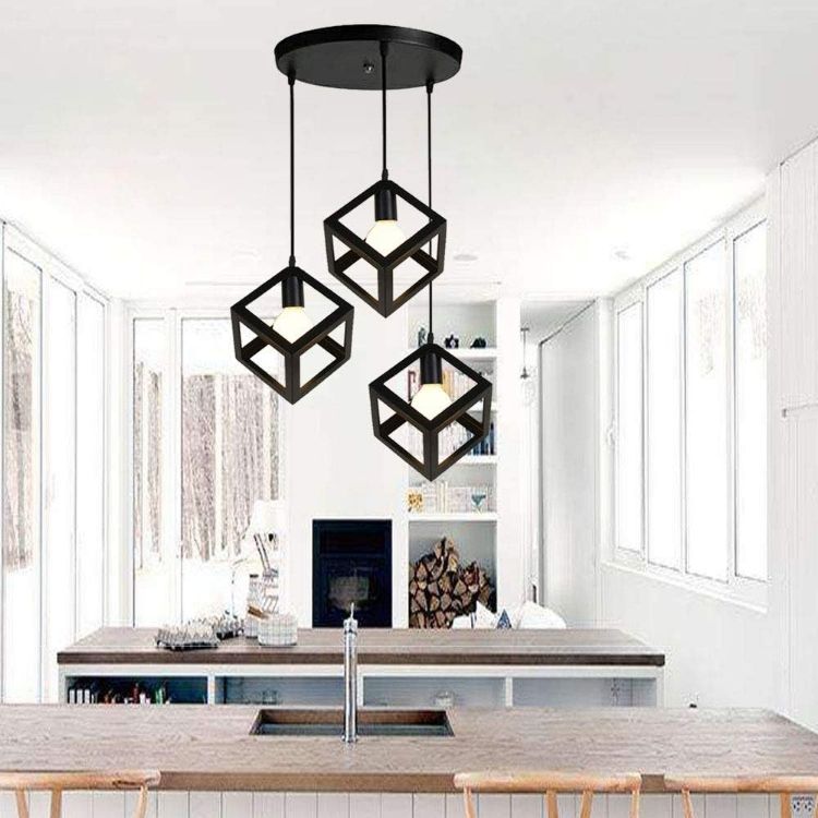 Picture of Industrial 3-Light Black Metal Cube Pendant Lamp Chandelier Living Room Dining Room Bedroom
