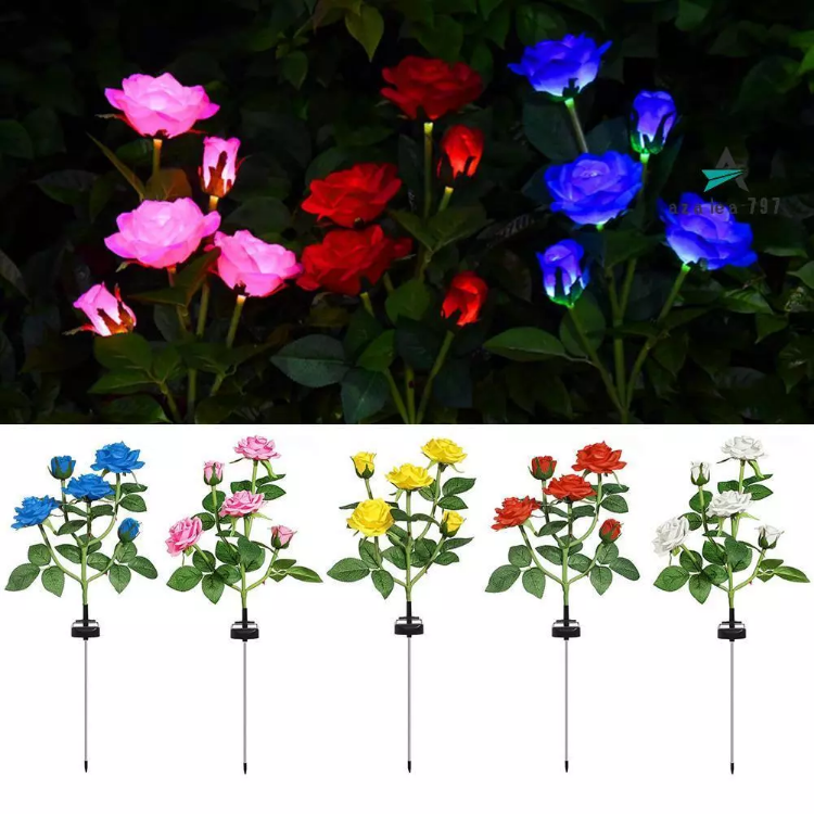 Picture of 5 LED Rose Flower Stake Solar Lights -  IP65 Waterproof, 600mAh Rechargeable Battery, Solar Powered