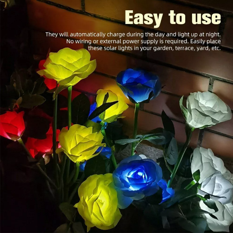 Picture of 5 LED Rose Flower Stake Solar Lights -  IP65 Waterproof, 600mAh Rechargeable Battery, Solar Powered