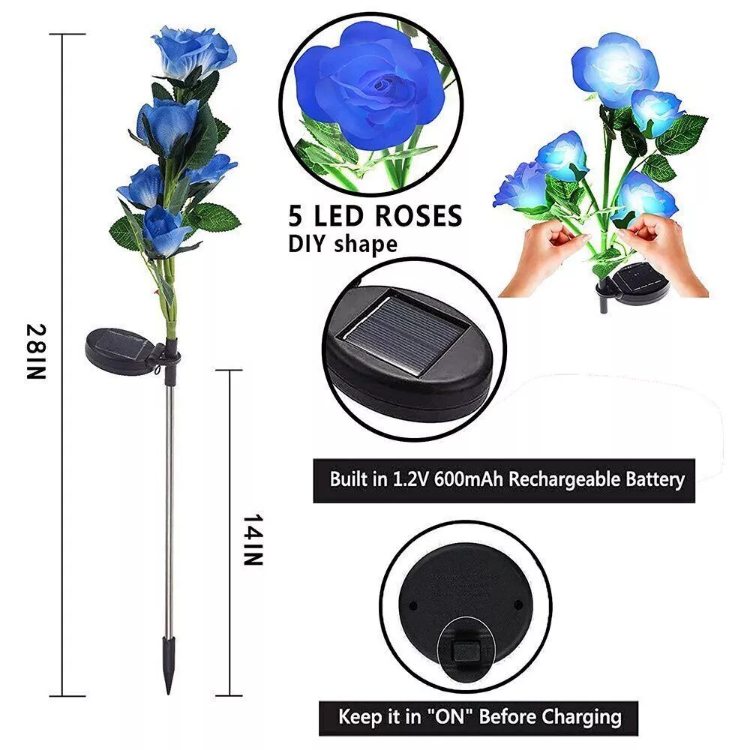 Picture of 5 LED Rose Flower Stake Solar Lights -  IP65 Waterproof, 600mAh Rechargeable Battery, Solar Powered