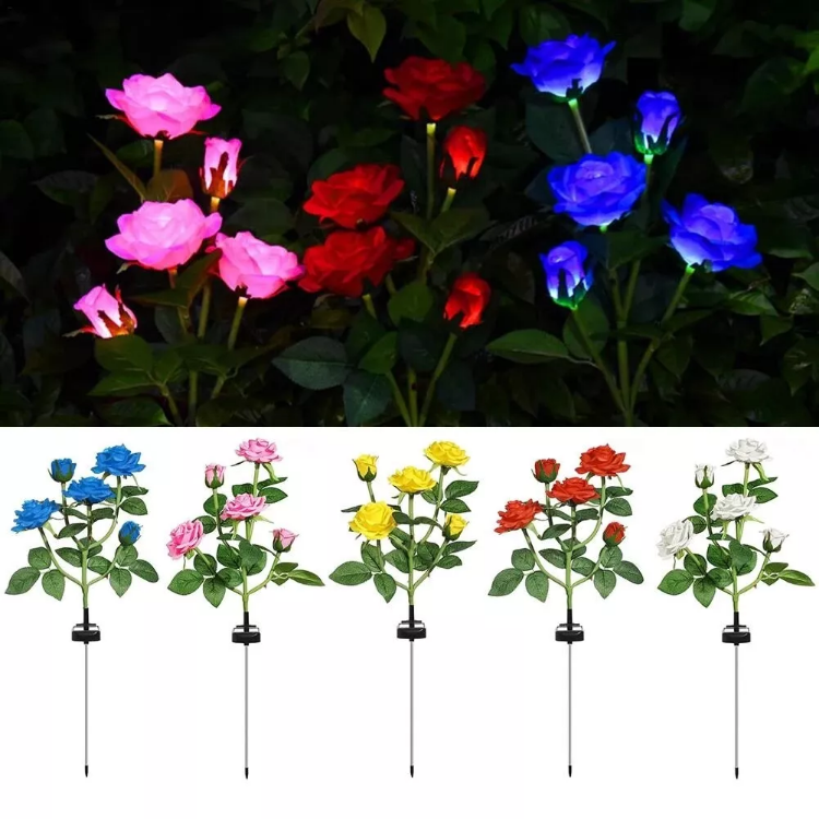Picture of 5 LED Rose Flower Stake Solar Lights -  IP65 Waterproof, 600mAh Rechargeable Battery, Solar Powered