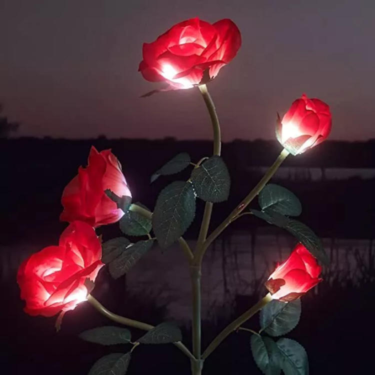 Picture of 5 LED Rose Flower Stake Solar Lights -  IP65 Waterproof, 600mAh Rechargeable Battery, Solar Powered