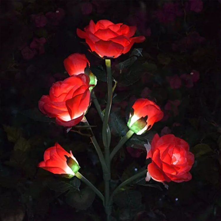 Picture of 5 LED Rose Flower Stake Solar Lights -  IP65 Waterproof, 600mAh Rechargeable Battery, Solar Powered