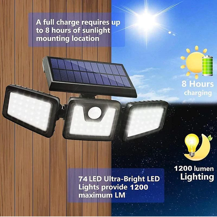 Picture of 3 Head Solar Powered Motion Sensor Outdoor Wall Light | Upgraded 74 LED Trio Solar light  Motion Sensor Security Light