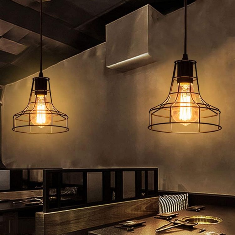 Picture of Black Iron Cage Pendant Light - 18cm Industrial Ceiling Fixture for E27 Bulbs - Open Frame Vintage Design - Kitchen, Restaurant, Loft Lighting - Matte Black Finish