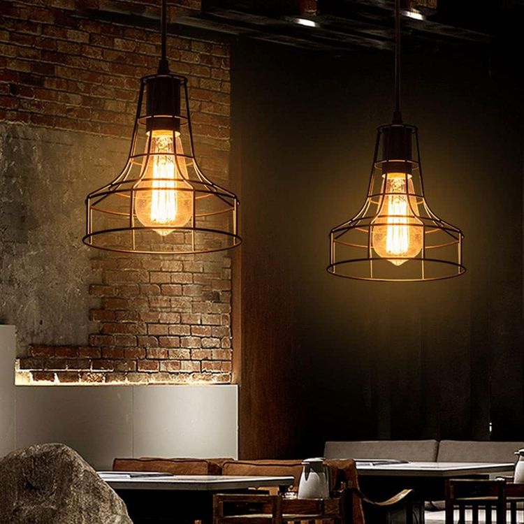 Picture of Black Iron Cage Pendant Light - 18cm Industrial Ceiling Fixture for E27 Bulbs - Open Frame Vintage Design - Kitchen, Restaurant, Loft Lighting - Matte Black Finish