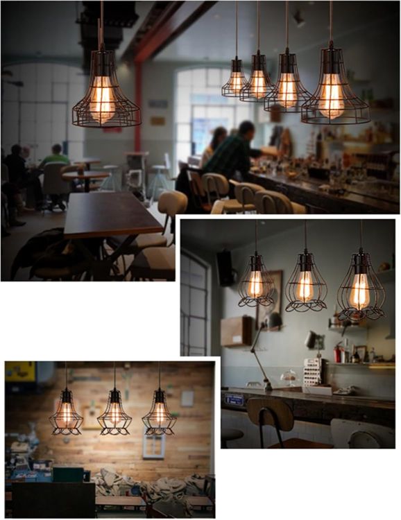 Picture of Black Iron Cage Pendant Light - 18cm Industrial Ceiling Fixture for E27 Bulbs - Open Frame Vintage Design - Kitchen, Restaurant, Loft Lighting - Matte Black Finish