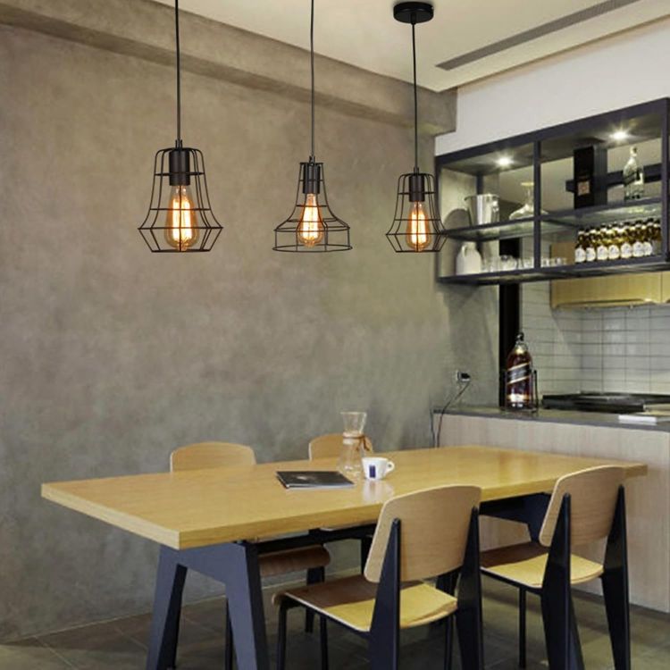 Picture of Black Iron Cage Pendant Light - 18cm Industrial Ceiling Fixture for E27 Bulbs - Open Frame Vintage Design - Kitchen, Restaurant, Loft Lighting - Matte Black Finish