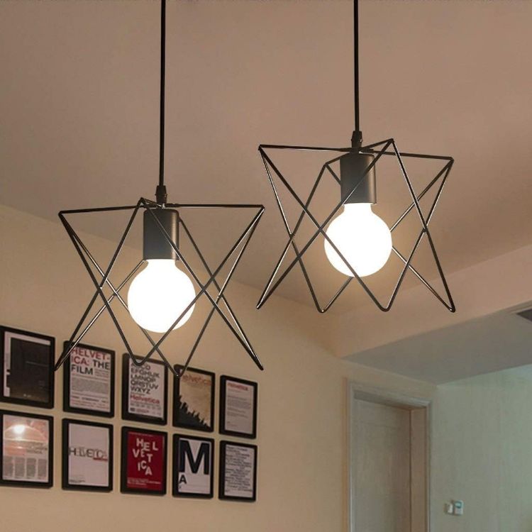Picture of Industrial Cage Pendant Light - 18cm Black Iron Ceiling Fixture - E27 Bulb Compatible (Not Included) - No Canopy - Farmhouse & Café Lighting - Vintage Hanging Lamp