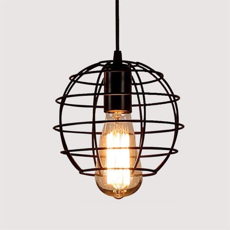 Picture of Vintage Industrial Cage Pendant Light - 19cm Black Iron Spherical Ceiling Fixture - E27 Bulb Compatible (Not Included) -  Farmhouse, Café & Kitchen Island Lighting - Rustic Hanging Lamp for Living Room & Bar