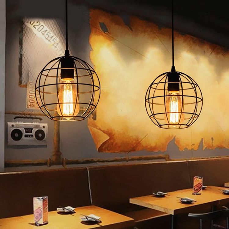 Picture of Vintage Industrial Cage Pendant Light - 19cm Black Iron Spherical Ceiling Fixture - E27 Bulb Compatible (Not Included) -  Farmhouse, Café & Kitchen Island Lighting - Rustic Hanging Lamp for Living Room & Bar