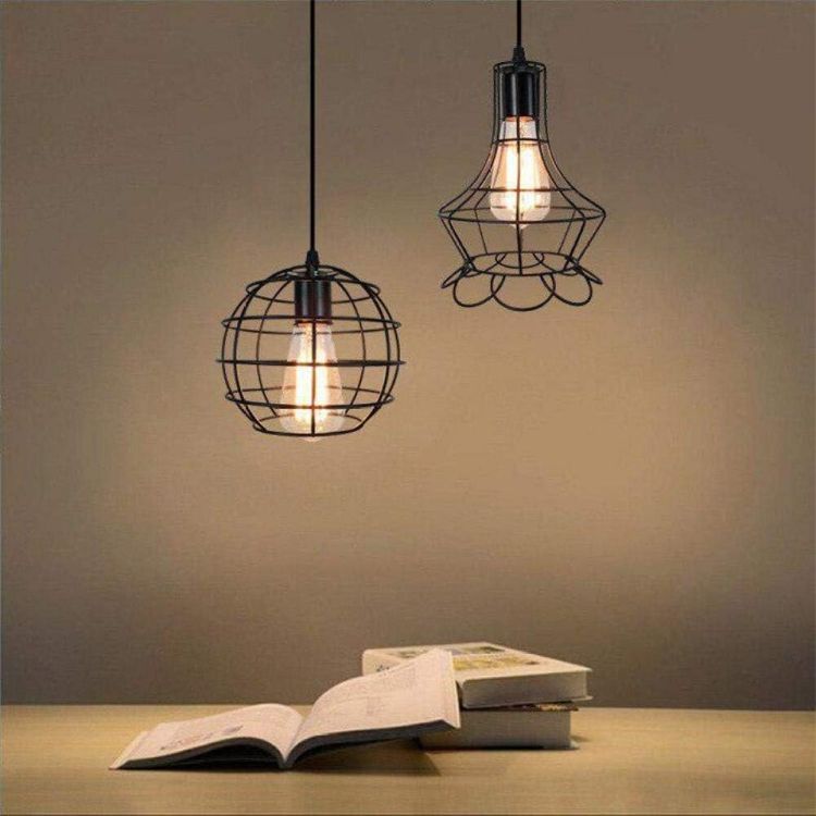 Picture of Vintage Industrial Cage Pendant Light - 19cm Black Iron Spherical Ceiling Fixture - E27 Bulb Compatible (Not Included) -  Farmhouse, Café & Kitchen Island Lighting - Rustic Hanging Lamp for Living Room & Bar