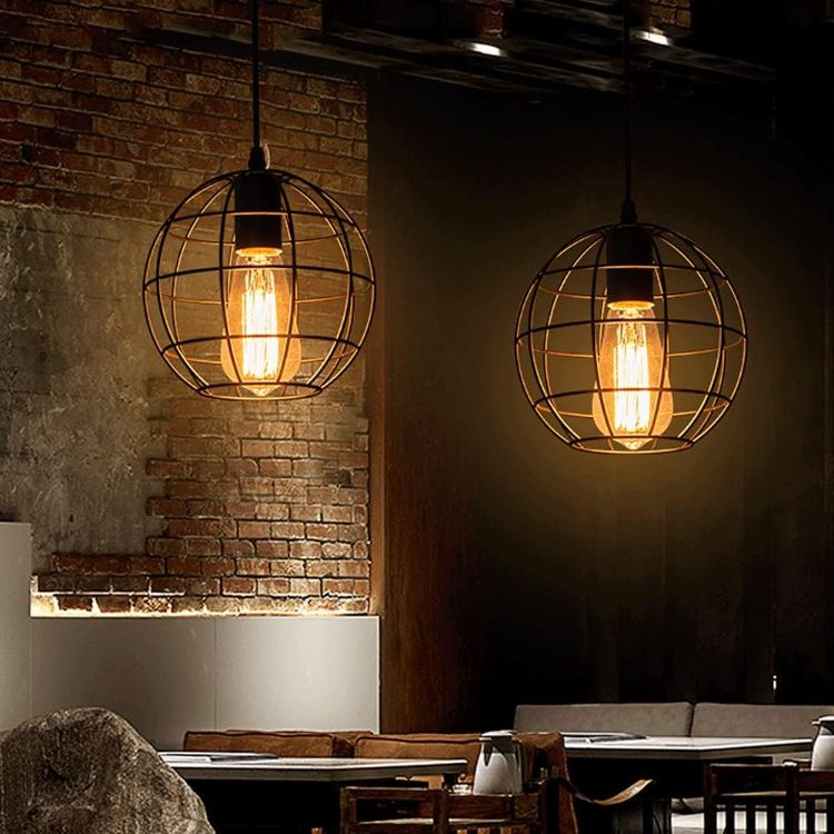 Picture of Vintage Industrial Cage Pendant Light - 19cm Black Iron Spherical Ceiling Fixture - E27 Bulb Compatible (Not Included) -  Farmhouse, Café & Kitchen Island Lighting - Rustic Hanging Lamp for Living Room & Bar