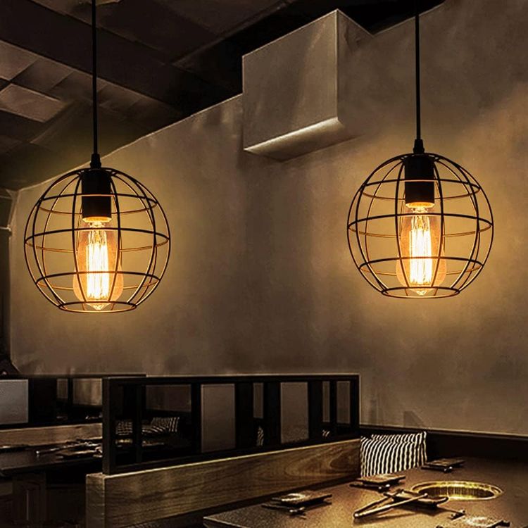 Picture of Vintage Industrial Cage Pendant Light - 19cm Black Iron Spherical Ceiling Fixture - E27 Bulb Compatible (Not Included) -  Farmhouse, Café & Kitchen Island Lighting - Rustic Hanging Lamp for Living Room & Bar