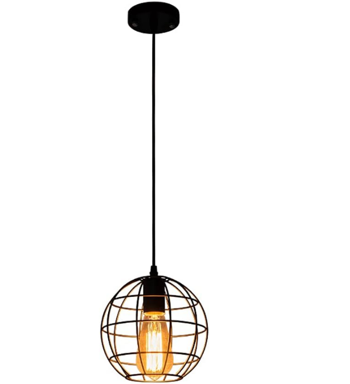 Picture of Vintage Industrial Cage Pendant Light - 19cm Black Iron Spherical Ceiling Fixture - E27 Bulb Compatible (Not Included) -  Farmhouse, Café & Kitchen Island Lighting - Rustic Hanging Lamp for Living Room & Bar