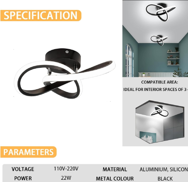 Picture of 22W Nordic LED Ceiling Light with 2 Rings – Creative Modern Design, Cool White Flush Mount Lamp for Entrance, Hallway, Living Room (Black)