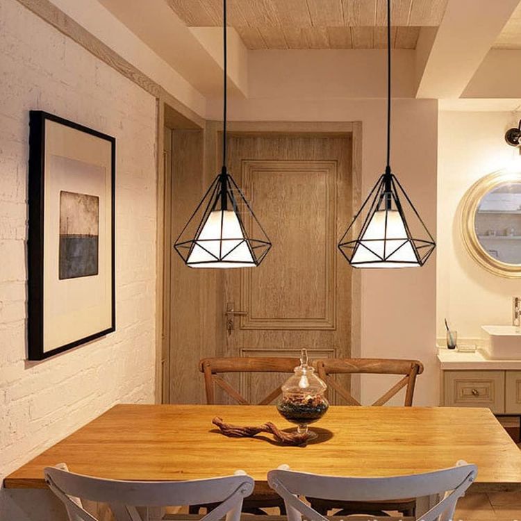 Picture of Modern Industrial Pendant Light – Black Triangle Cage Hanging Lamp, Adjustable Height, E27 Base, Vintage Metal Ceiling Light Fixture for Kitchen, Dining Room, Bar, Office – Bulb Not Included