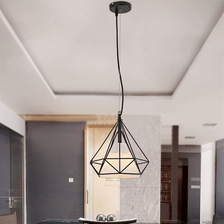 Picture of Modern Industrial Pendant Light – Black Triangle Cage Hanging Lamp, Adjustable Height, E27 Base, Vintage Metal Ceiling Light Fixture for Kitchen, Dining Room, Bar, Office – Bulb Not Included