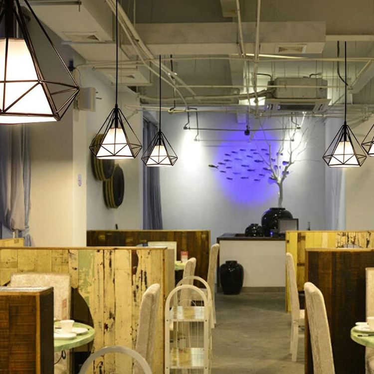 Picture of Modern Industrial Pendant Light – Black Triangle Cage Hanging Lamp, Adjustable Height, E27 Base, Vintage Metal Ceiling Light Fixture for Kitchen, Dining Room, Bar, Office – Bulb Not Included