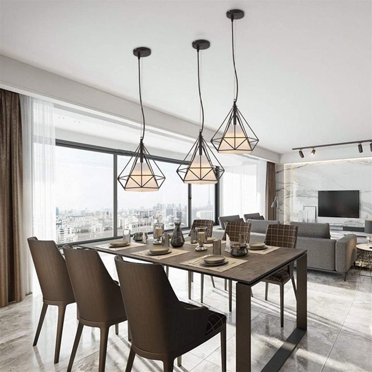 Picture of Modern Industrial Pendant Light – Black Triangle Cage Hanging Lamp, Adjustable Height, E27 Base, Vintage Metal Ceiling Light Fixture for Kitchen, Dining Room, Bar, Office – Bulb Not Included