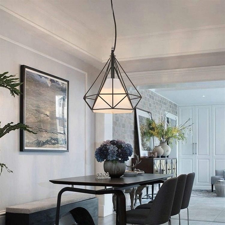 Picture of Modern Industrial Pendant Light – Black Triangle Cage Hanging Lamp, Adjustable Height, E27 Base, Vintage Metal Ceiling Light Fixture for Kitchen, Dining Room, Bar, Office – Bulb Not Included