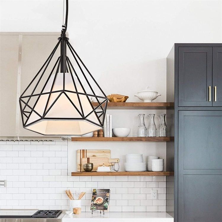 Picture of Modern Industrial Pendant Light – Black Triangle Cage Hanging Lamp, Adjustable Height, E27 Base, Vintage Metal Ceiling Light Fixture for Kitchen, Dining Room, Bar, Office – Bulb Not Included