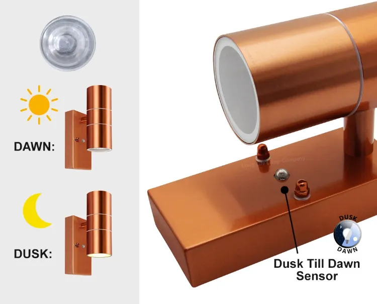 Picture of Outdoor Wall Light Dusk Till Dawn Sensor Copper Finish Stainless Steel Up and Down Shining IP65 