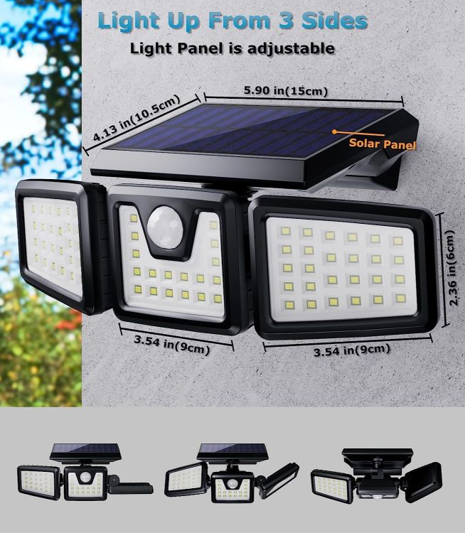Picture of 3 Head Solar Powered Motion Sensor Outdoor Wall Light | Upgraded 74 LED Trio Solar light  Motion Sensor Security Light