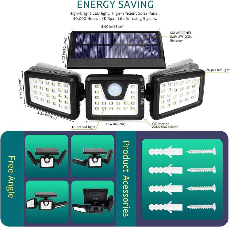 Picture of 3 Head Solar Powered Motion Sensor Outdoor Wall Light | Upgraded 74 LED Trio Solar light  Motion Sensor Security Light