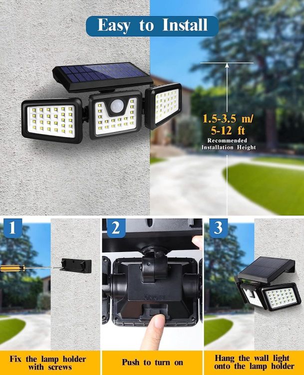 Picture of 3 Head Solar Powered Motion Sensor Outdoor Wall Light | Upgraded 74 LED Trio Solar light  Motion Sensor Security Light