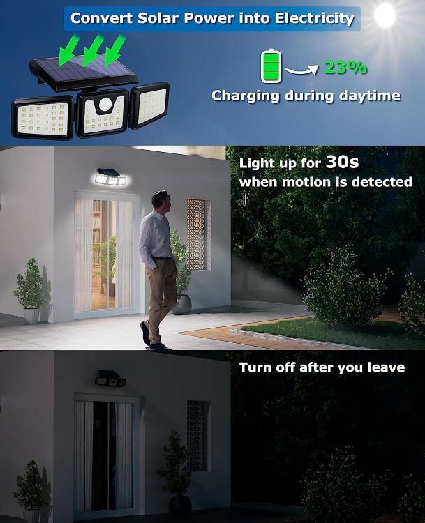 Picture of 3 Head Solar Powered Motion Sensor Outdoor Wall Light | Upgraded 74 LED Trio Solar light  Motion Sensor Security Light
