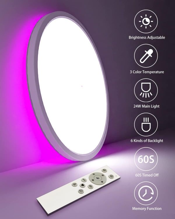Picture of 24W RGB LED Ceiling Light With Remote Control – 30cm Ultra Slim Dimmable Flush Mount Round Ceiling Lamp – 6 Colour Backlight Modes, Timer, Memory Function, 3200LM Bright Indoor Lighting Fixture – Modern White Finish for Bedroom, Living Room, Kitchen, Bathroom & Office UK
