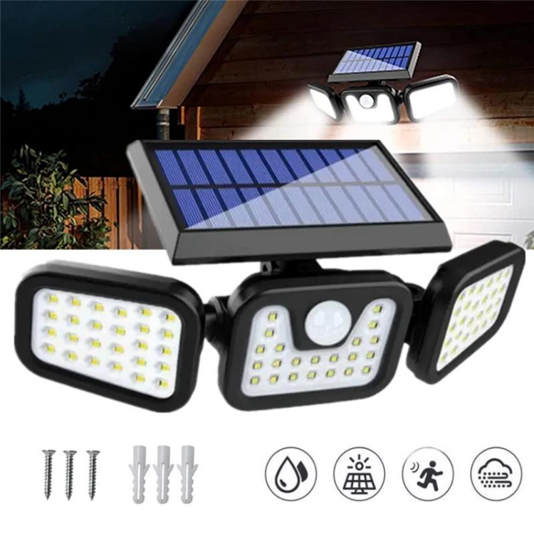 Picture of 3 Head Solar Powered Motion Sensor Outdoor Wall Light | Upgraded 74 LED Trio Solar light  Motion Sensor Security Light